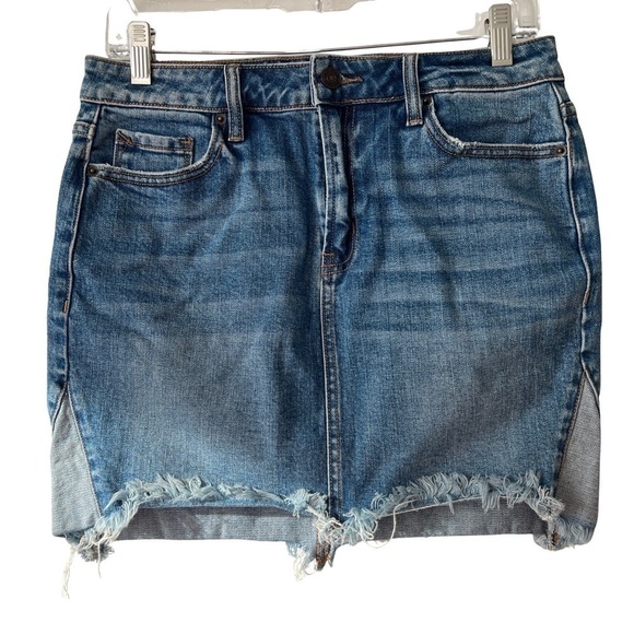 Hidden Distressed Denim Raw Frayed Hem Jean Mini Skirt - Picture 1 of 14